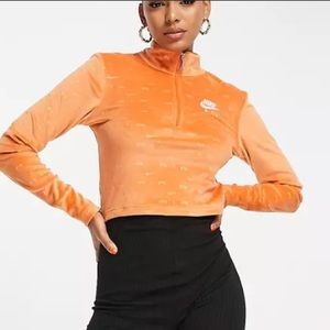 Nike Air all over logo quarter-zip velour long sleeve top (orange)
